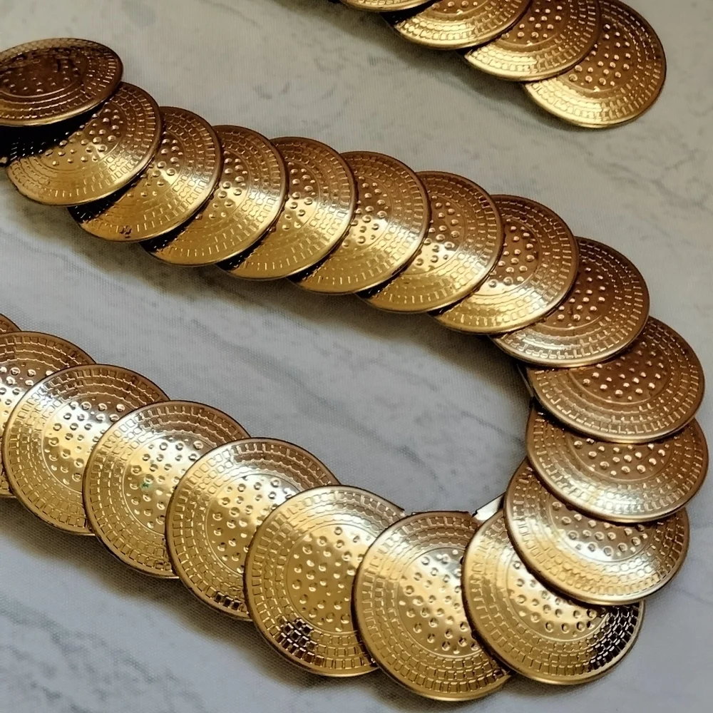 Gold Tone Coin Stretch Belt Glam Rock 80s Vintage Retro Women's